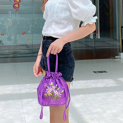 Women Bucket Bag Top Handle Ladies Handbag Phone Bag Summer Small Purse National Style Embroidered Flower Pattern Drawstring Bag