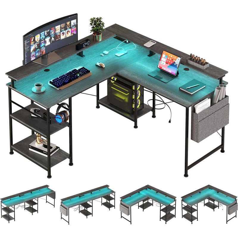Ergonomic RGB Gaming desk with Monitor Stand Power Connecting USB Ports Cable Management