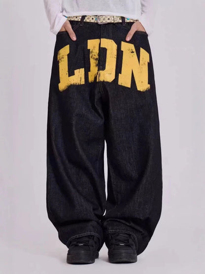 HOUZHOU Vintage Letter Print Jeans Women Black Gothic Y2k Baggy Denim Trousers Retro Hip Hop Grunge Wide Leg Pants Streetwear