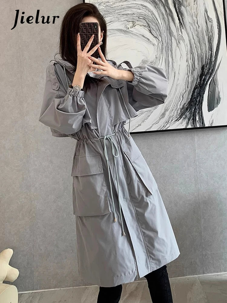 Jielur New Loose Women's Trench Coat autumn Solid Color Hooded Casual Straight Elegant Female Trench Chic Pockets Zipper Coat