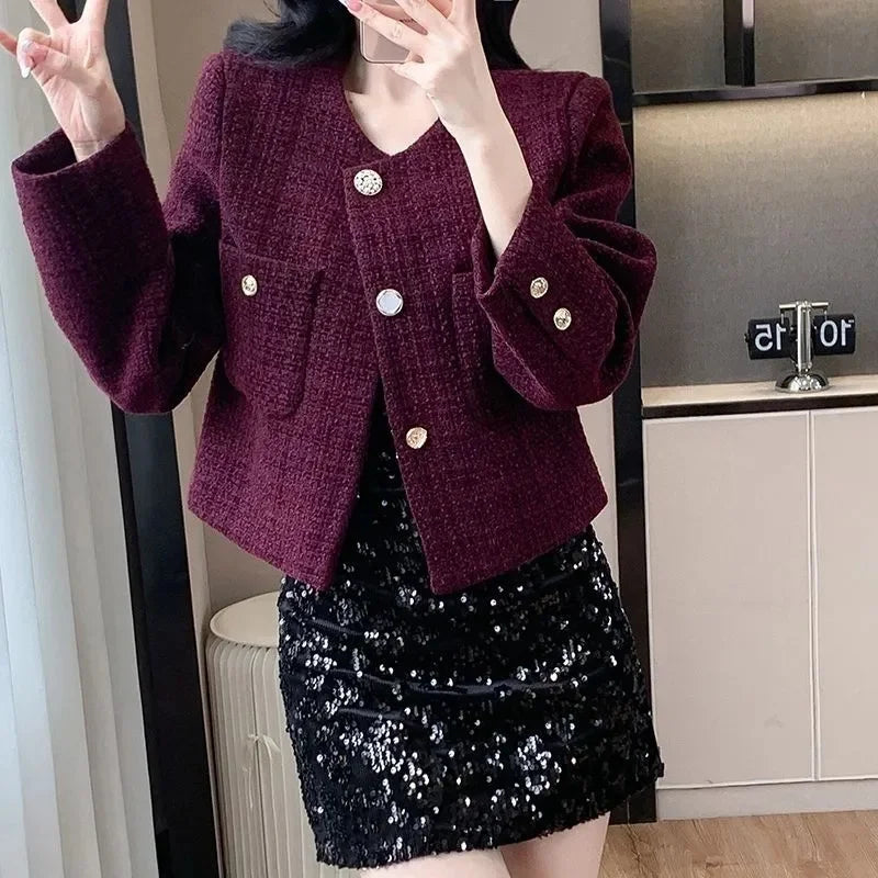 2025 Korean Purple Tweed Short Jacket Women's Coarse Woolen Coat Spring Autumn O-neck Single-breasted Streetwear Lady Outerwear