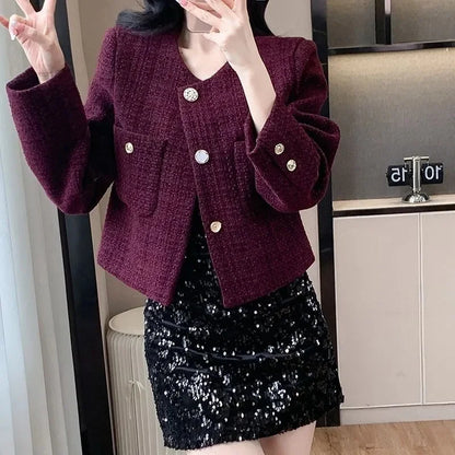 2025 Korean Purple Tweed Short Jacket Women's Coarse Woolen Coat Spring Autumn O-neck Single-breasted Streetwear Lady Outerwear