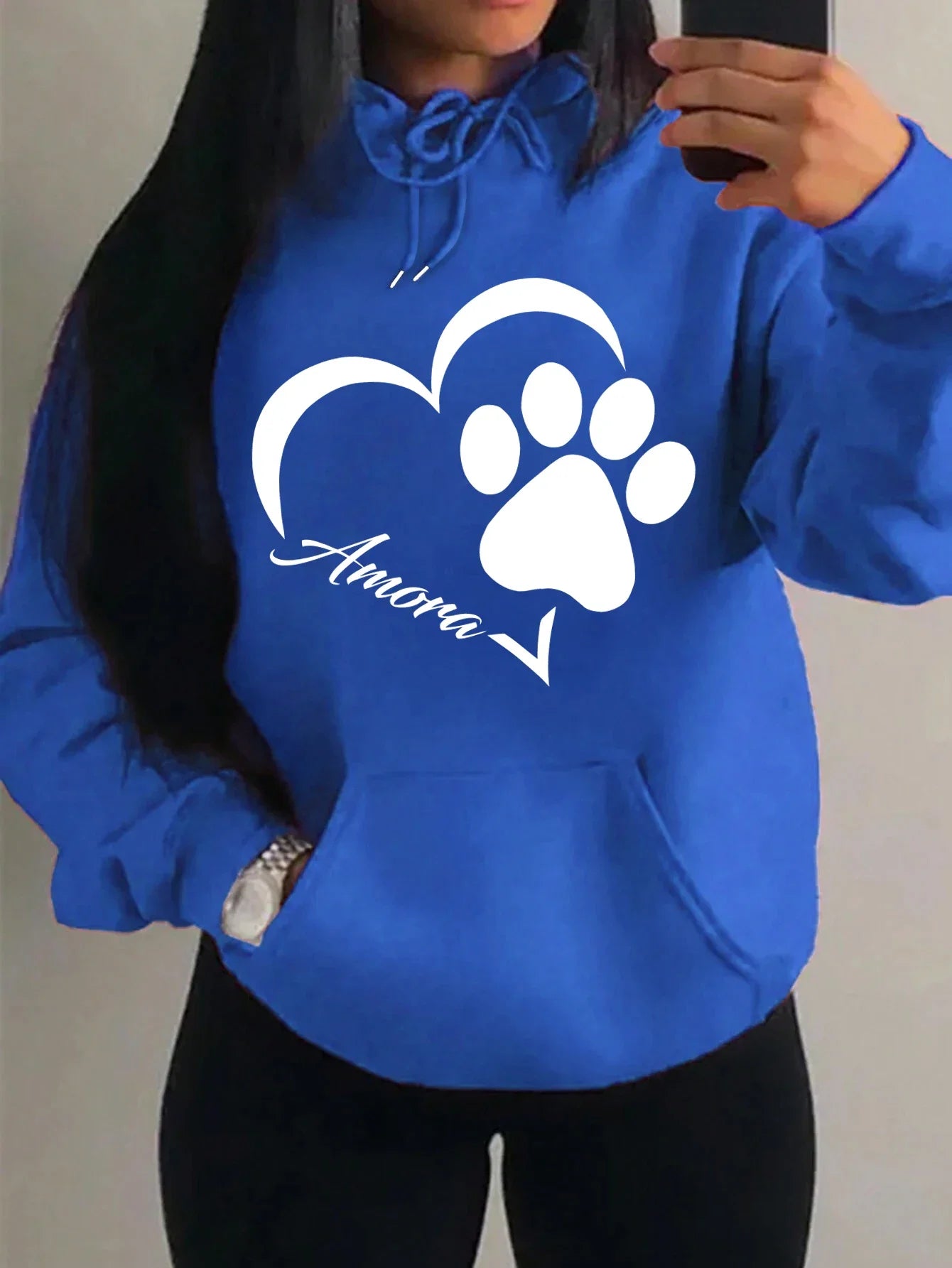 Love And Little Cat Foot Creative Print Women Hoody Fashion Autumn Sweatshirt Pocket Hoodie Sport Style Comfortable Pullover