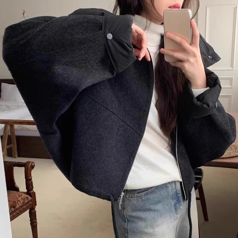 OCEANLOVE Hooded Autumn Winter Woolen Jackets for Woman Solid Warm Chaquetas Korean Fashion Chic Vintage Loose Outwears