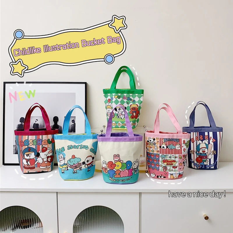 Casual Canvas Bucket Bag Tote Women Handbags Cartoon Print Lunch Bag Shopper Bag School Bag