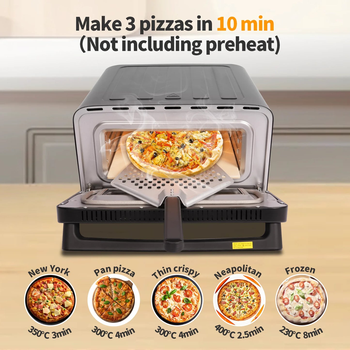 12-Inch Electric Pizza Oven - Touch Control, Up to 430°C, Includes Pizza Stone & Peel, Ready in 2.5 Minutes After Preheating