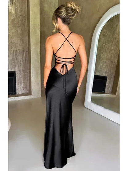 Bandage Backless Elegant Dress Split Hem Spaghetti Strap Slim Cocktail Party Club Fashion Satin Solid Lace-Up Long Dresses