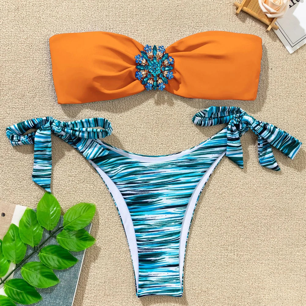 Rhinestone Flower Accessories Swimsuit Women 2023 2-piece Mini Bikini Sexy Strapless Backless Bathing Suit Summer Beach Swimwear