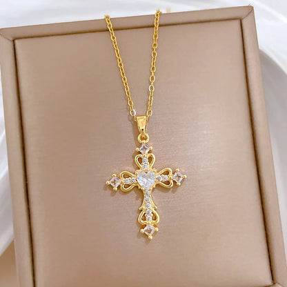 Sweet Cool Hollow Cross with Zircon Pendant Necklace for Women Girls Stainless Steel Chain Punk Cross Accessories Jewelry Gifts