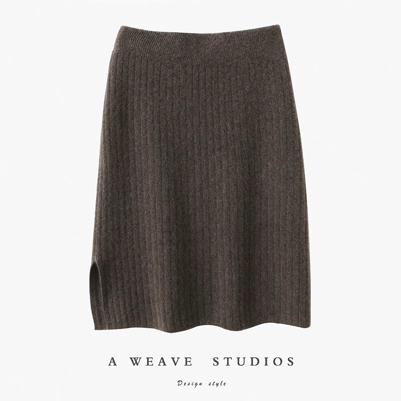 Women's Knitted Skirt 100% Merino Wool Sheath Skirt Solid Color Autumn/Winter Fashion Vertical Strip Wrap Hip Skirt Split Skirt