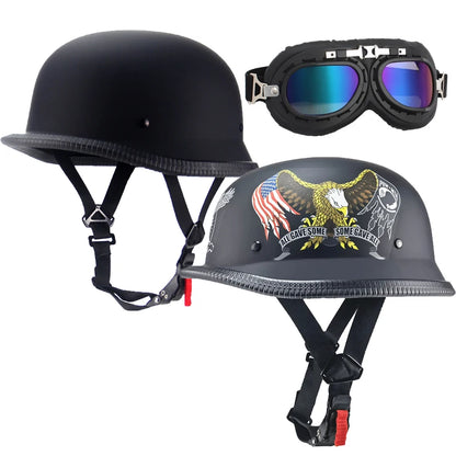 Motorcycle Bicycle Open Riding Retro Helmet, Casco Half Helmet, Cool Matching Glasses Universal Adjustable DOT Certification