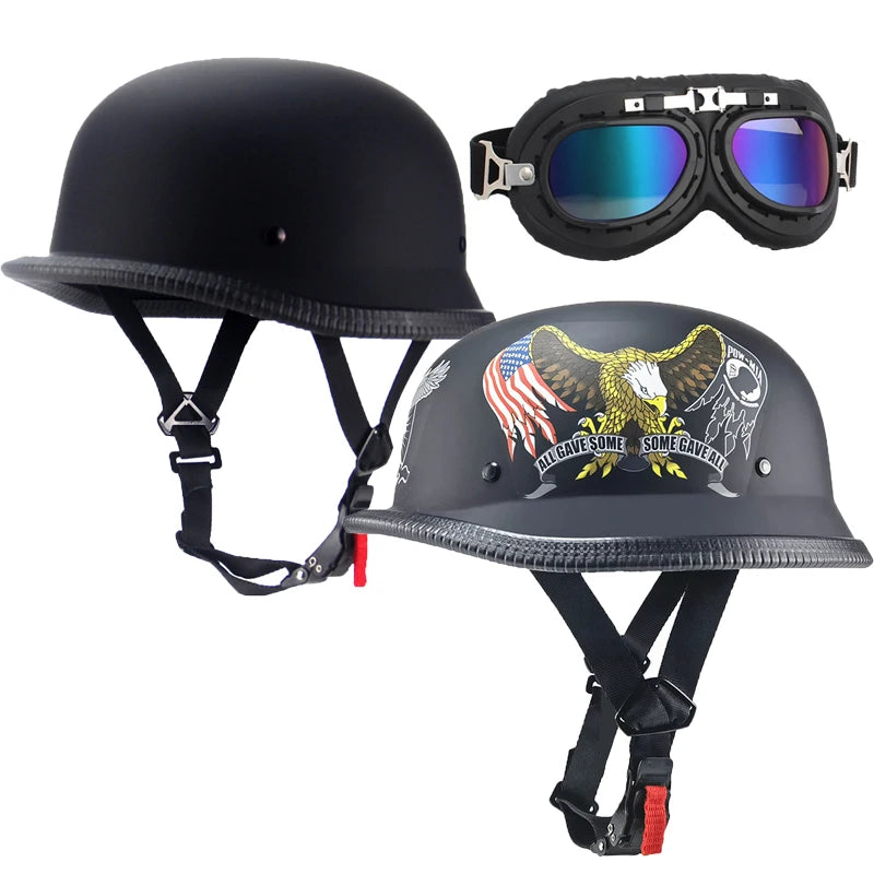 Motorcycle Bicycle Open Riding Retro Helmet, Casco Half Helmet, Cool Matching Glasses Universal Adjustable DOT Certification
