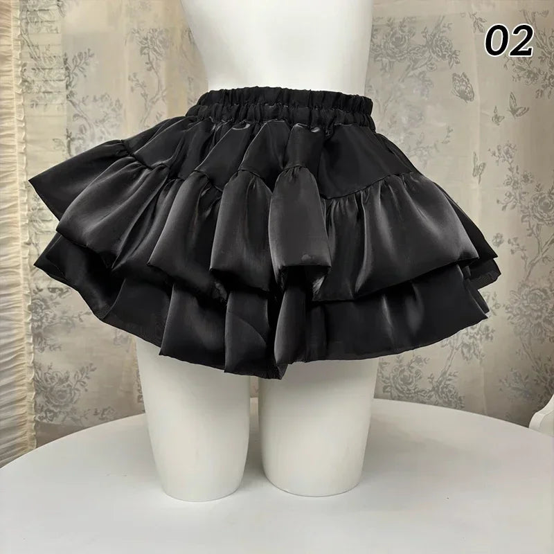 Sweet Elastic Waist Short Skirt Chic Ruffle Cake Princess Satin Puffy Skirt