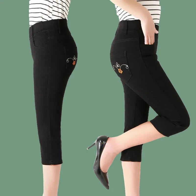 2025 New High waisted Women's Capri Denim Shorts Women Summer Thin Slim Vintage Jeans Stretch Short Straight leg Pants Leggings