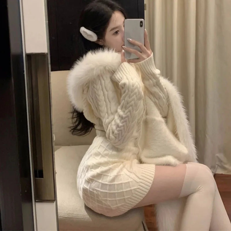 Autumn Winter Elegant Women Sweater Christmas Red Slim Fur Patchwork Hooded Knitted Dress Female Korean Knitwear Hoodie Tops