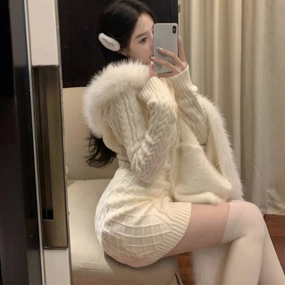 Autumn Winter Elegant Women Sweater Christmas Red Slim Fur Patchwork Hooded Knitted Dress Female Korean Knitwear Hoodie Tops