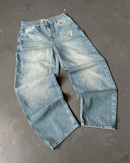 Y2K Gothic Retro Miss Me Boot Cut Jeans Women's Blue Denim Embroidery Cross Pocket Hip Hop Harajuku Wide Pants Street Wear