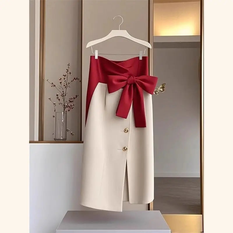 Elegant Bow Party Skirt Spring New Fashion Single Breasted Office Lady Midi Jupe Women's Slim Asymmetric Patchwork Faldas 855P
