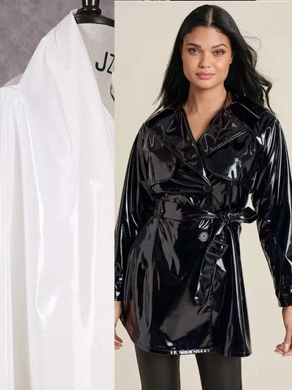 Women Faux Leather Jacket Coat Glossy Patent Leather Trench Overcoat With Belt Gothic Black PVC Laple Blazer Suit Pocket Custom
