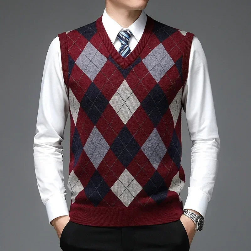 New  Men's Casual Knitted Wool Sweater Vest V-neck Knit Pullover Jacquard Plaid Sleeveless Tops Business Office Men's Vest