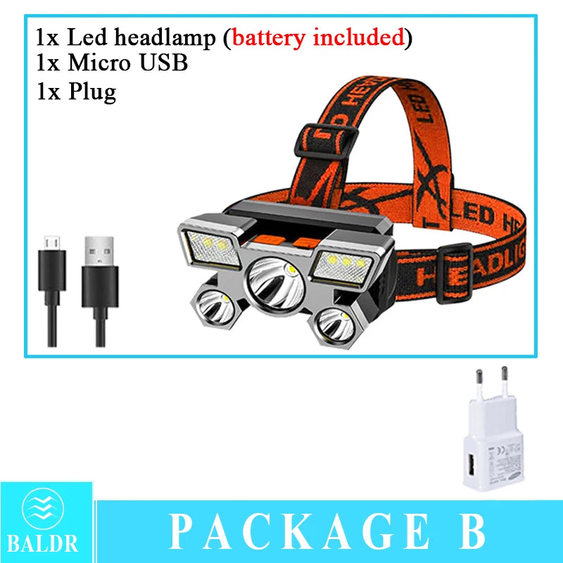 5 LED USB Rechargeable Headlamp 18650 Built in Battery Headlight Portable Head Flashlight Working Light Fishing Camping Lantern