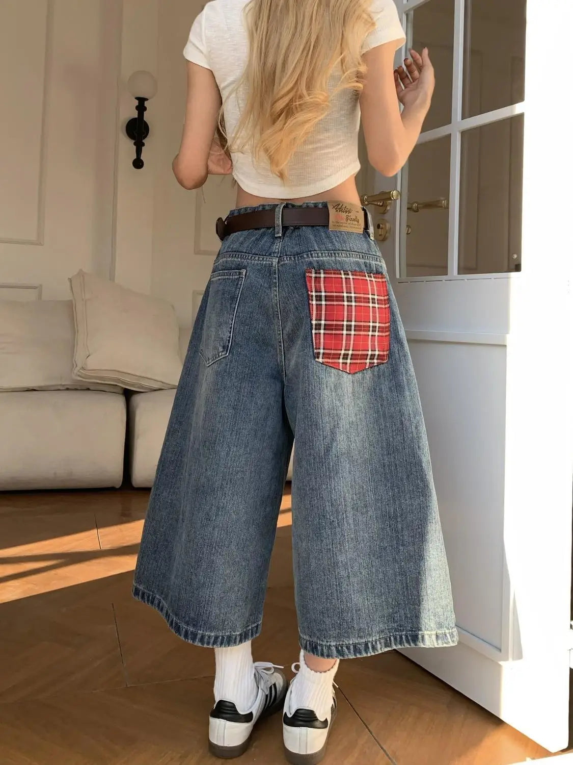 American retro plaid pocket wide-leg short jeans for women loose and casual straight high waist slimming men and women pants