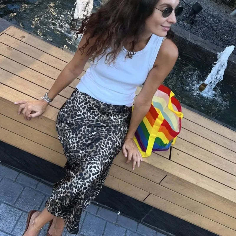 HXAO Woman Bow Leopard Print Skirts Women's Skirt Summer Satin Long Skirt High Waist Vintage Smooth Skirts Luxury Elegant Skirts