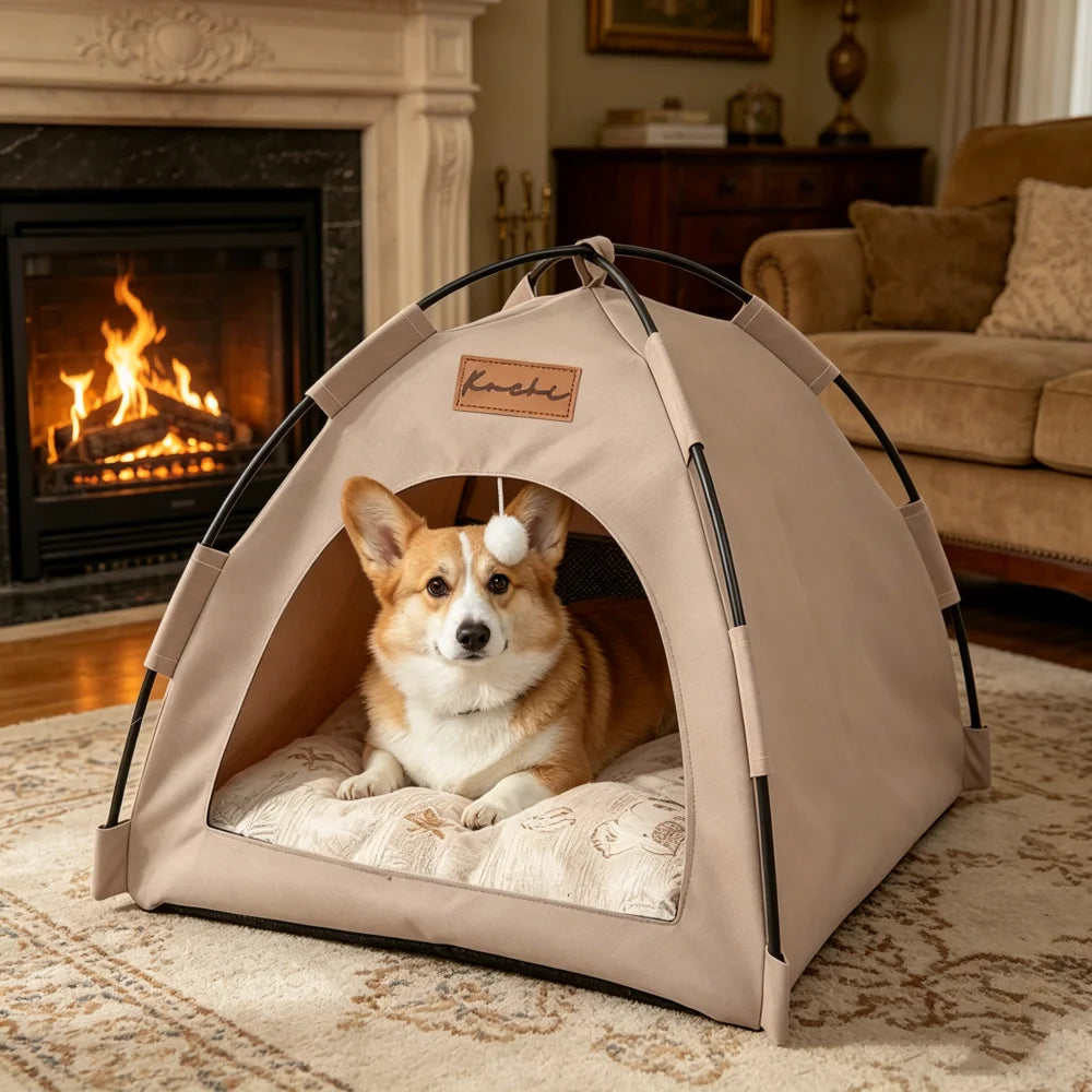 All-Weather Semi-Closed Pet Tent Bed Removable Cushion Portable Foldable Pet House for Indoor Outdoor Travel Camping