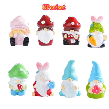 8/24PCs Mini Dwarf Doll Figurine Miniature Resin Mushroom Gnome Doll Garden Landscape Crafts Small Ornaments Desktop Decoration