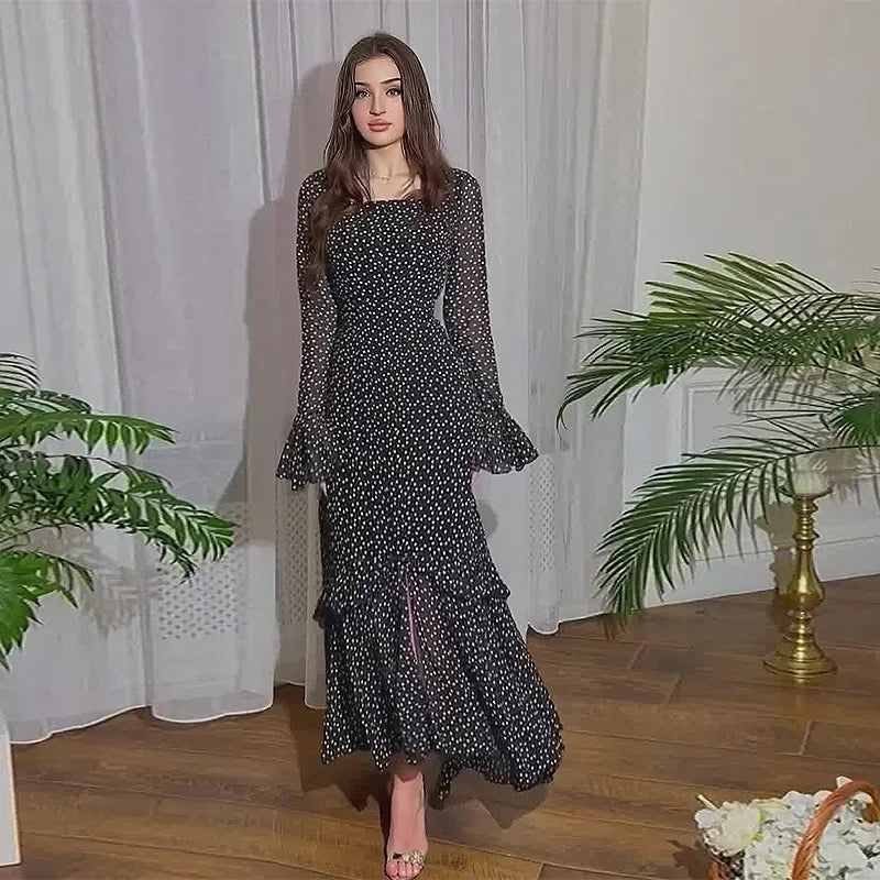 Women's Dress Elegant Fresh Sweet Polka Dot Print Asymmetrical Layered Long Sleeve Tie Details High Waist Slim Maxi Dress