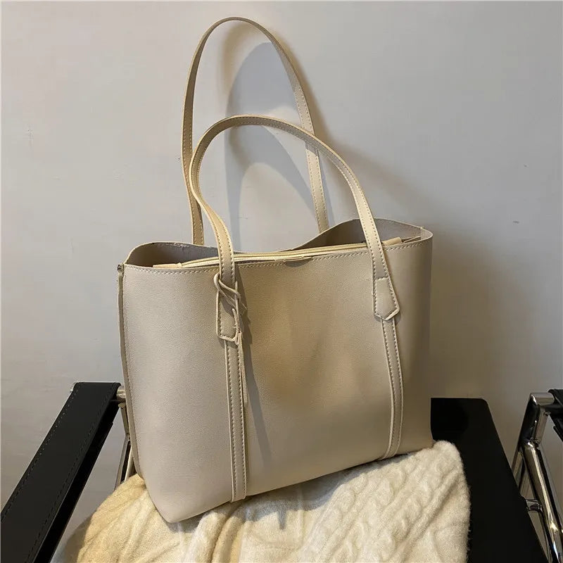 New Trend Retro Solid Color PU Leather Underarm Bag Simple Women Large Capacity Bag Shopping Travel Elegant Unisex Tote Bags