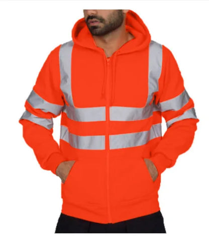 New Men's Reflective Strip Hoodie Jackets Spring Autumn Zipper Long Sleeve Fleece Sweatshirts High Visibility Night Work Jackets