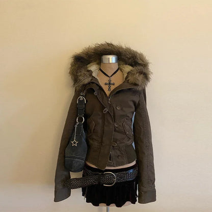 Vintage Popular New Fashion Fur Collar Jacket Female Street Hip Hop Casual Joker Loose Padded Velvet Cotton-padded Jacket Coats