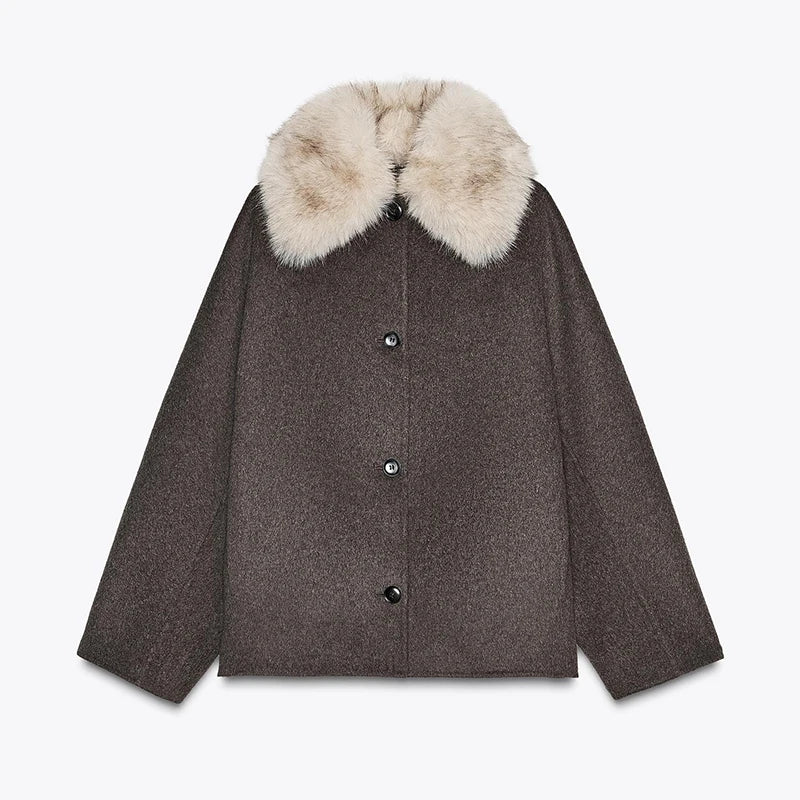 Street Women's Double Breasted Cropped Trench Coat With Faux Fur Collar Loose Full Sleeve Pocket Jacket 2025 Autumn Lady Outwear