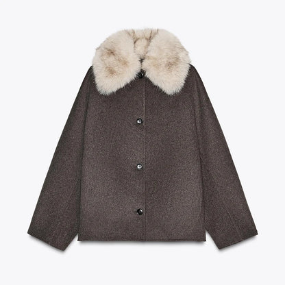Vintage Women's Cropped Hooded Coats Fur Collar Full Sleeve Single Breasted Pocket Jacket 2025 Autumn Lady Y2K Warm Outwears New