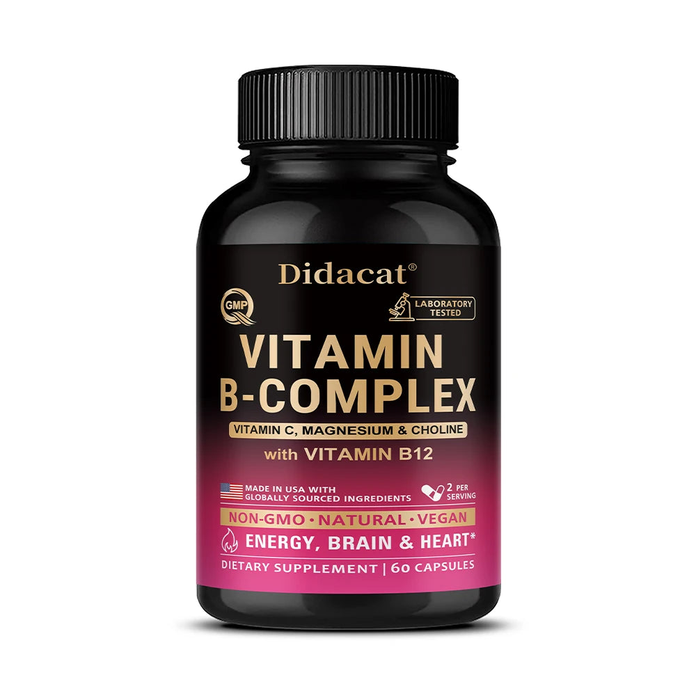 Vitamin B Complex for Men & Women - Riboflavin B2,B12,B1,B3,B5,B6,B7,B8,B9,Vitamin C, Choline, Inositol - Brain & Heart Support