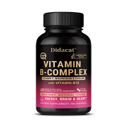 Vitamin B Complex for Men & Women - Riboflavin B2,B12,B1,B3,B5,B6,B7,B8,B9,Vitamin C, Choline, Inositol - Brain & Heart Support
