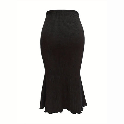 Women Black Smocked Midi Skirt High Waist Scalloped Hem Casual Pleated Skirt Summer Vacation Beach Holiday Outfit