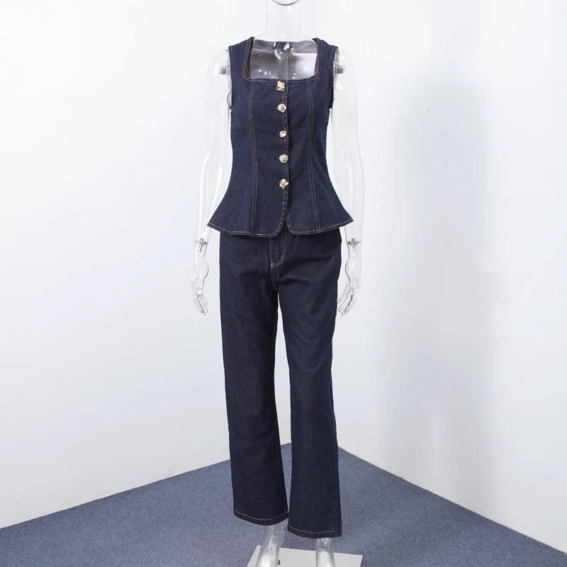 Street Denim Pants Set Women Sleeveless Single Breasted Slim Square Collar Tank High Waist Straight Jeans 2025 Summer Lady Suit