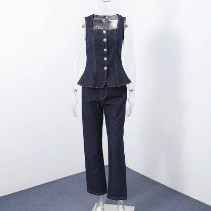 Street Denim Pants Set Women Sleeveless Single Breasted Slim Square Collar Tank High Waist Straight Jeans 2025 Summer Lady Suit