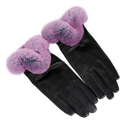 BOONJOVIA Elegant Women's Winter Warm Genuine Leather Gloves With Rex Rabbit Fur Trim Cuffs Velvet Lined