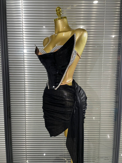Blue Black Women Sexy Strapless Shinning Sequins 2 Pieces Bodycon Mini Dress Draped Celebrate Nightclub Party Bar Singer Wear