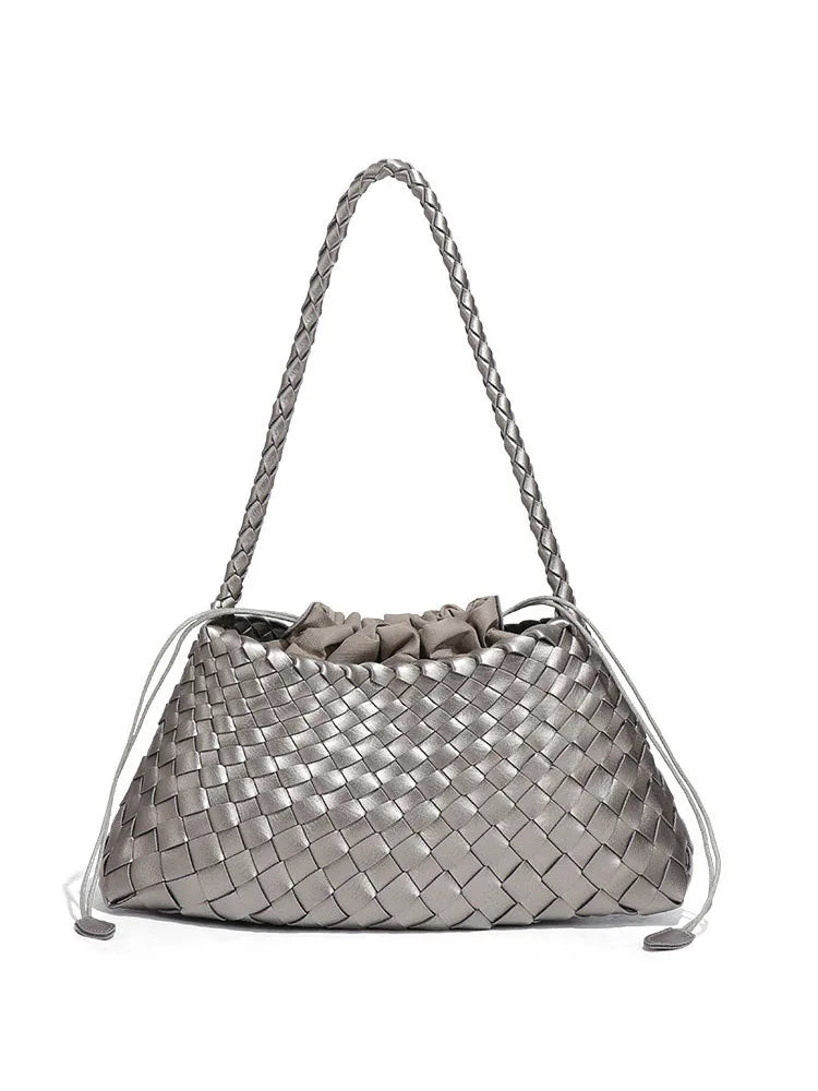 Women's Woven Shoulder Bag Soft Leather Tote Bag with Drawstring Inner Bag 2-In-1 Bucket Bag for Daily Commute Handbag
