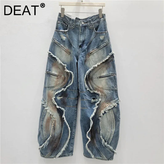 DEAT 2025 Autumn New Fashion Patchwork Burrs Cargo Denim Pants For Women High Waist Loose Wide-leg Jeans Female Trendy 11A06257