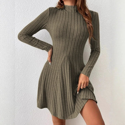 Women Autumn Winter Knitted Dress Lady Casual Long Sleeve Half High Collar Mini Dress Versatile Black Dress Woman Youth Dresses