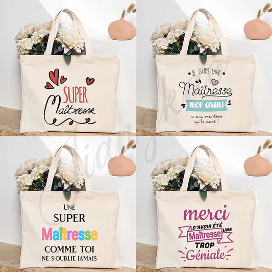 Thank You Teacher French Print Women Shoulder Bag CanvasShopping Bags Female Handbags Reusable Tote Bag Best Gifts for Maitresse
