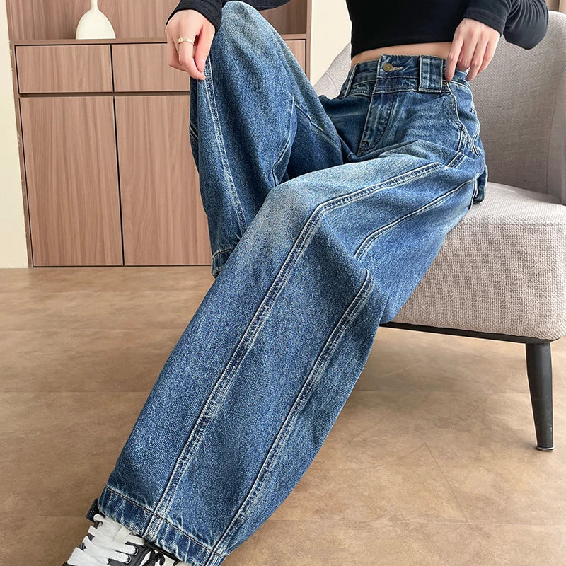 High Waist Loose Wide Leg Jeans Women Y2K Cotton Personalized Design Casual Straight Denim Fashion Tube Loose Plus Trousers