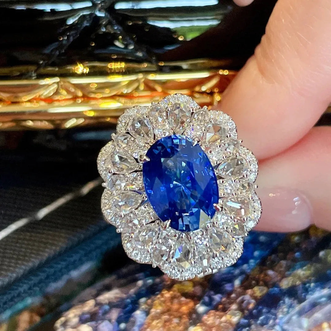 New In silver 925 Full Diamond Luxury Sapphire Ring Necklace Exquisite Engagement Sparkling Blue Flower fine jewelry sets