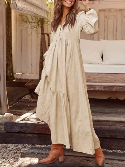 Cotton Linen Women Long Dress 2023 New Loose Fashion V-Neck Casual Solid Long Sleeve A-Line Sexy Dresses Elegant Ruffles Vestido