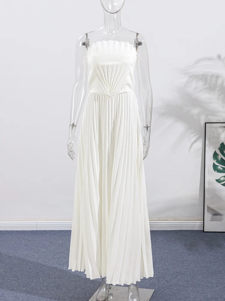 Sexy White Pleated Strapless Dress Women Sleeveless Backless Slim Split Dresses Female 2025 Simmer Lady Party Holiday Robe